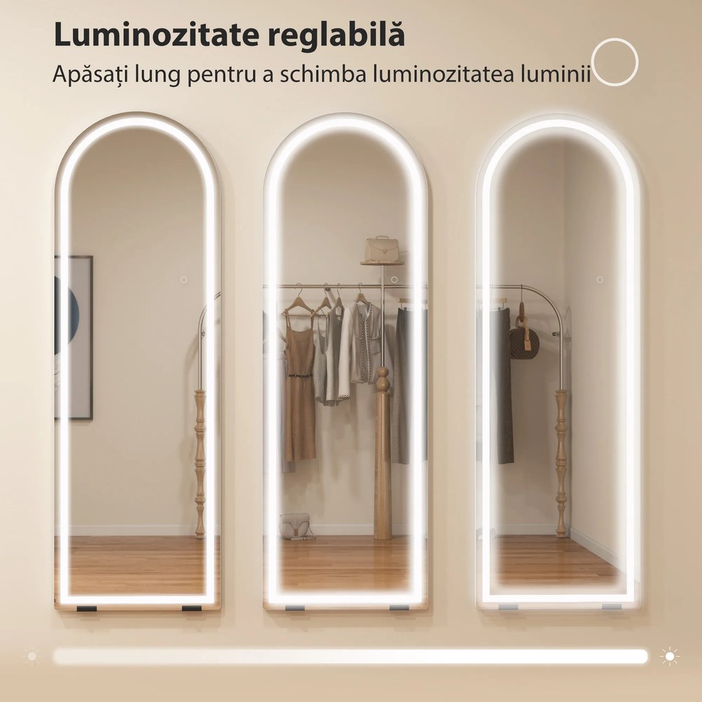 HOMCOM Oglindă de podea arcuită cu lumini, 150x50 cm, de perete și autoportantă, reglabilă, cu funcție de memorie, transparentă | Aosom Romania