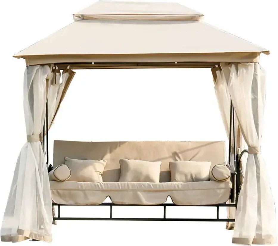 RESIGILAT-Foisor de gradină cu balansoar, canapea 3 locuri, pavilion gradina cu plasa tantari, cadru metalic, 252x175x250 cm, Bej