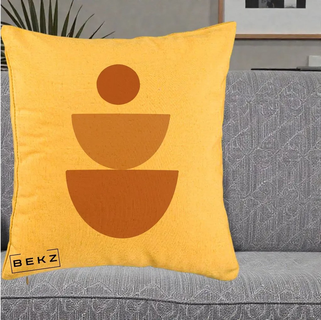Perna Decorativa Geometric Boho Semicerc Stivuit, 40x40 cm, Galben, Husa Detasabila, Perna Inclusa, BEKZ®