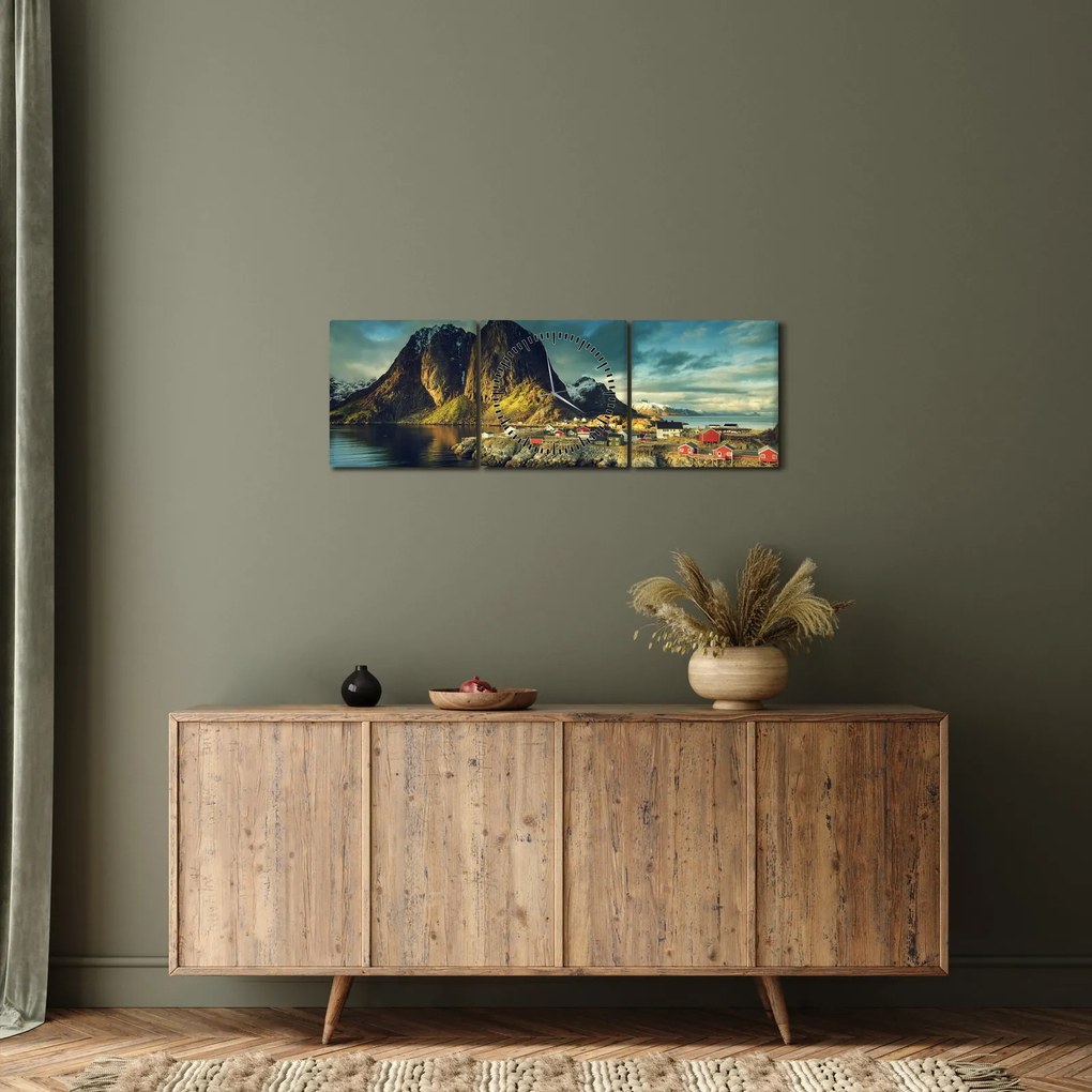Tablou cu sat de pescari din Norvegia (cu ceas) (90x30 cm)