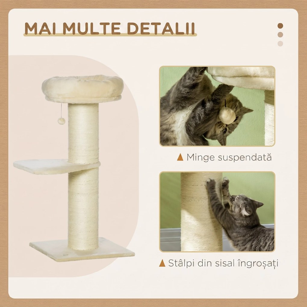 PawHut Ansamblu de Zgâriat pentru Pisici Multinivel cu Stâlp Sisal și Platformă, PAL, Pluș, 48,5x48,5x105 cm, Bej | Aosom Romania