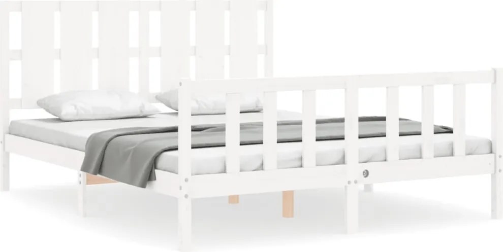 vidaXL Cadru de pat cu tăblie, alb, king size, lemn masiv