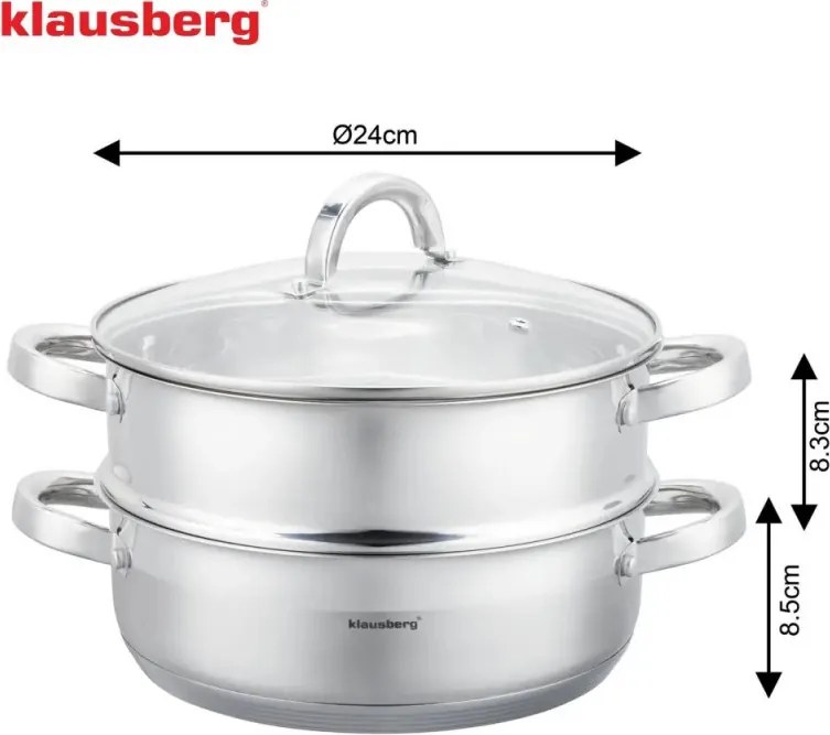 Oala pentru gatit la abur Klausberg KB 9072, 3,5 l, 24 cm, 3 piese, Simultan pe 2 niveluri, Scala de masurare, Fund cu 5 straturi, Inductie, Otel inoxidabil