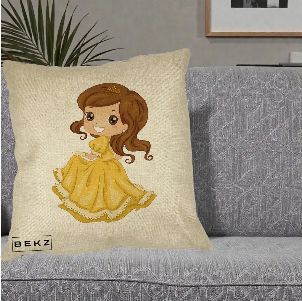 Perna Decorativa Printesa Bella Rochie Aurie, 40x40 cm, Crem, Husa Detasabila, Perna Inclusa, BEKZ®