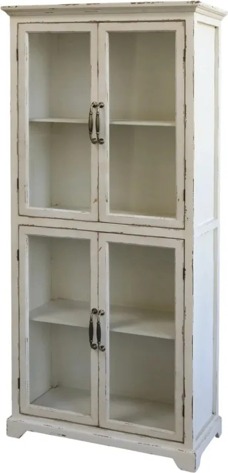 Vitrină shabby chic din lemn cu 4 uși vitrate, finisaj crem antichizat, 4 rafturi, 156×73×33 cm, „Provence"