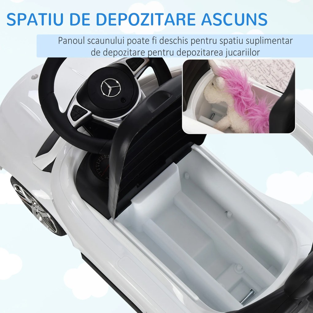 Masina pentru copii 12-36 luni HOMCOM cu maner si bare de siguranta detasabile, licenta Mercedes, alb | Aosom Romania