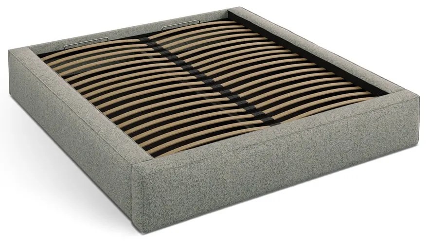 Pat matrimonial verde tapițat cu spațiu de depozitare cu somieră 140x200 cm Simon – Micadoni