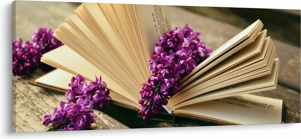 Tablou cu carte și floare violetă (120x50 cm)
