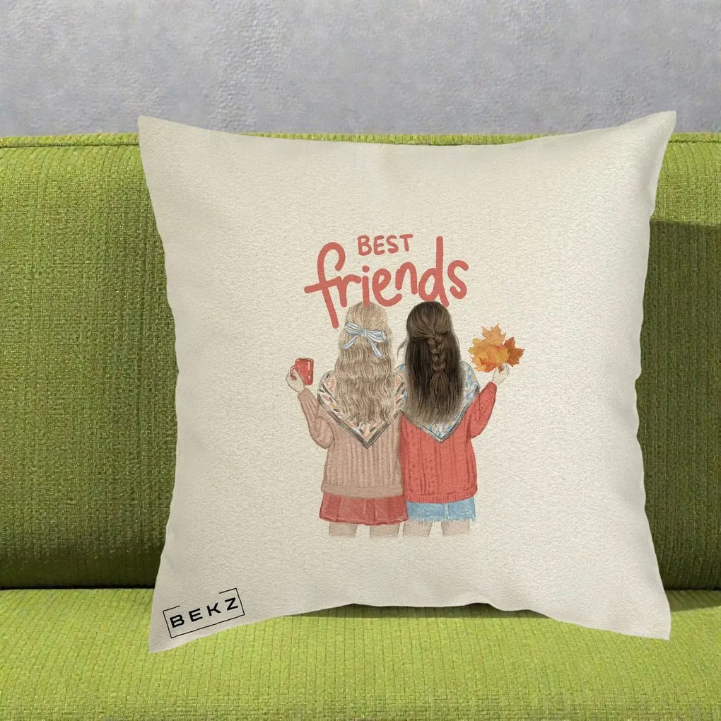 Cadou pentru Prieteni - Perna Personalizata Best Friends Toamna, 40x40 cm, Ecru, Husa Detasabila, Perna Inclusa, BEKZ®