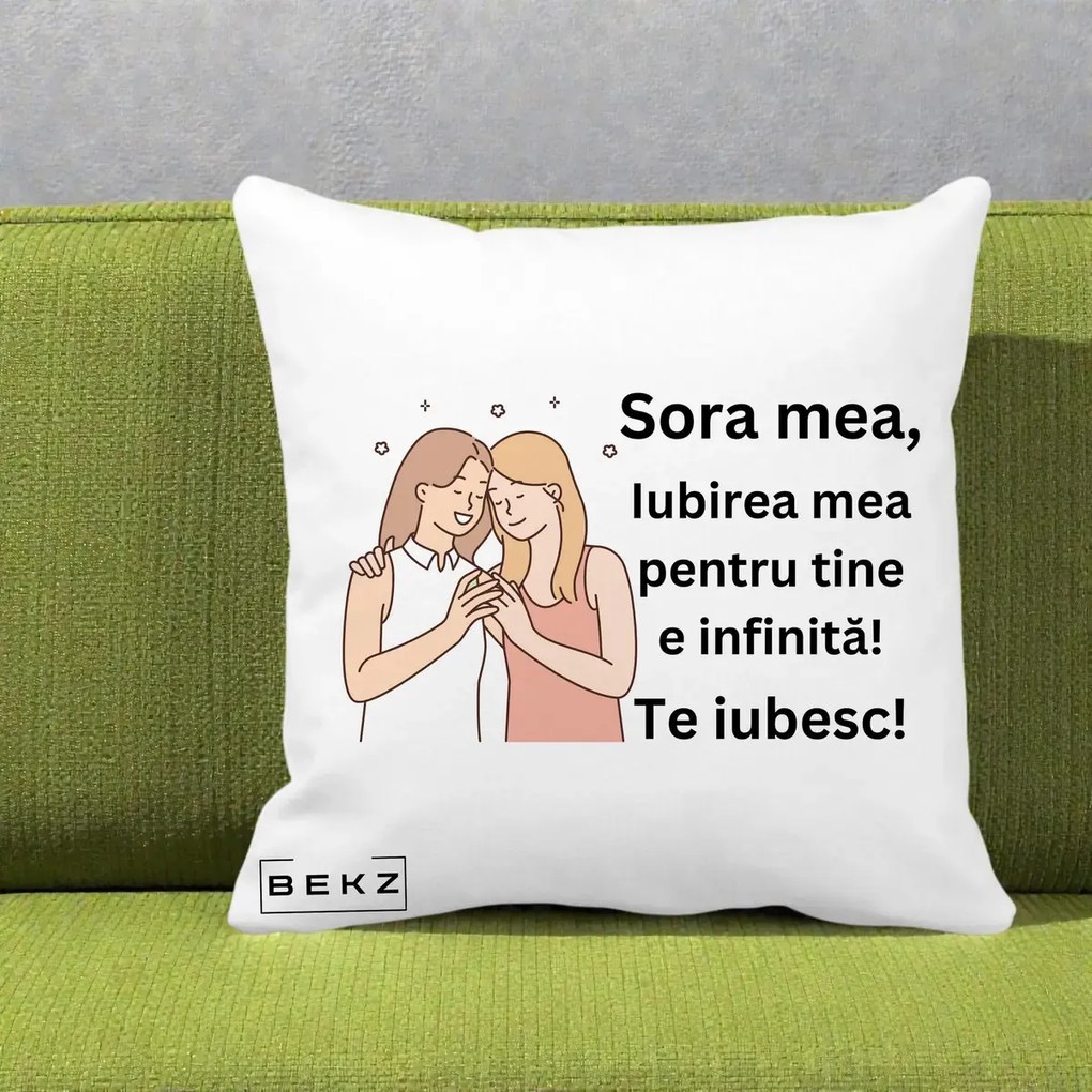 Cadou pentru Sora - Perna Personalizata Sora Mea Te Iubesc Imbratisare cu Sclipiri, 40x40 cm, Alba Mata, Husa Detasabila, Perna Inclusa, BEKZ®