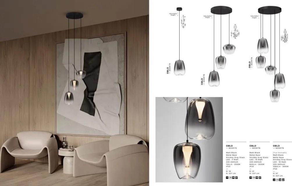 Pendul LED modern, Metal, Sticla, Gri Fumuriu, OBLO