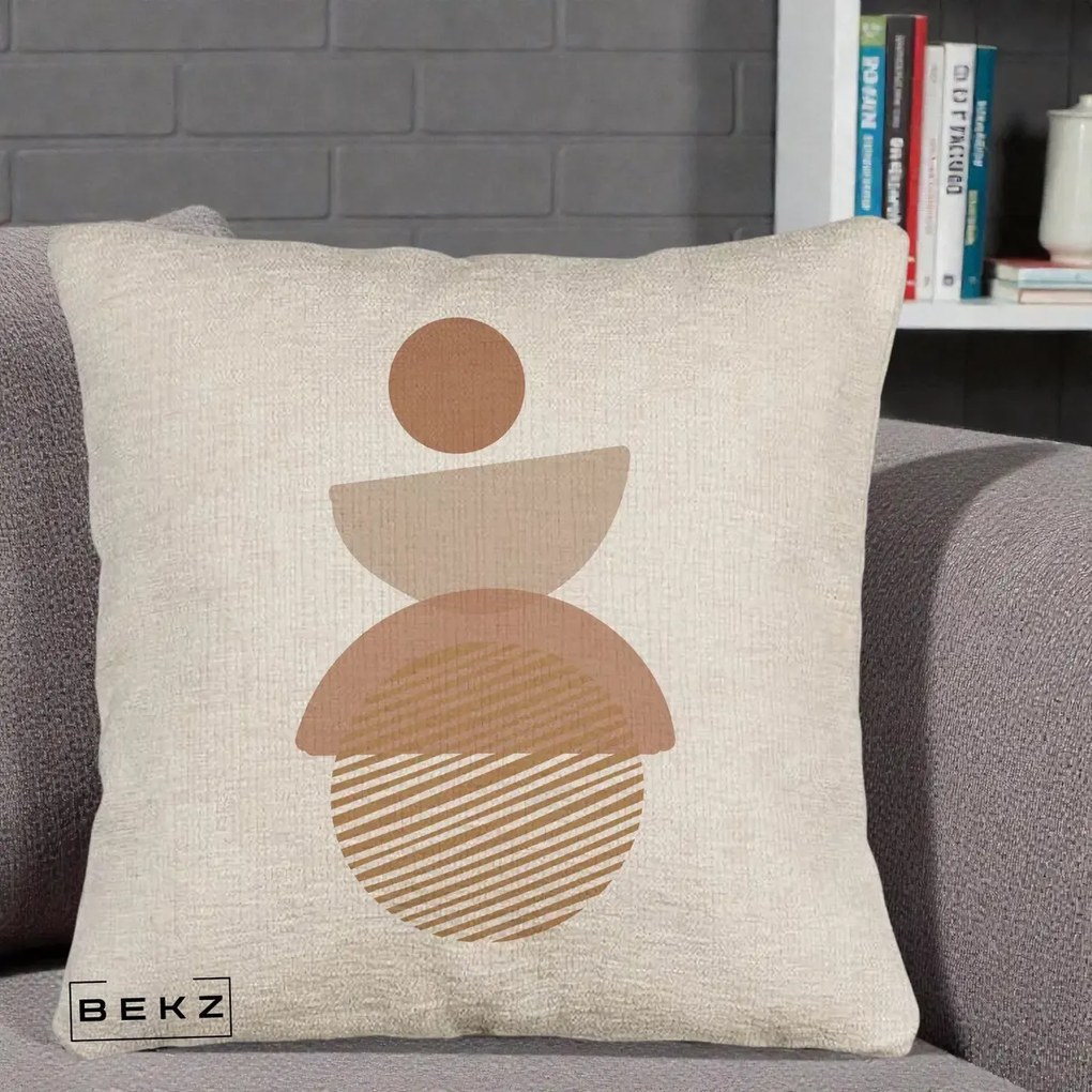 Perna Decorativa Geometric Boho Forme Terracotta, 40x40 cm, Bej Canapea, Husa Detasabila, Perna Inclusa, BEKZ®
