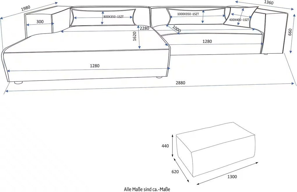 Colțar fix cu otoman, material velur catifelat, culoare crem, 288 cm lățime