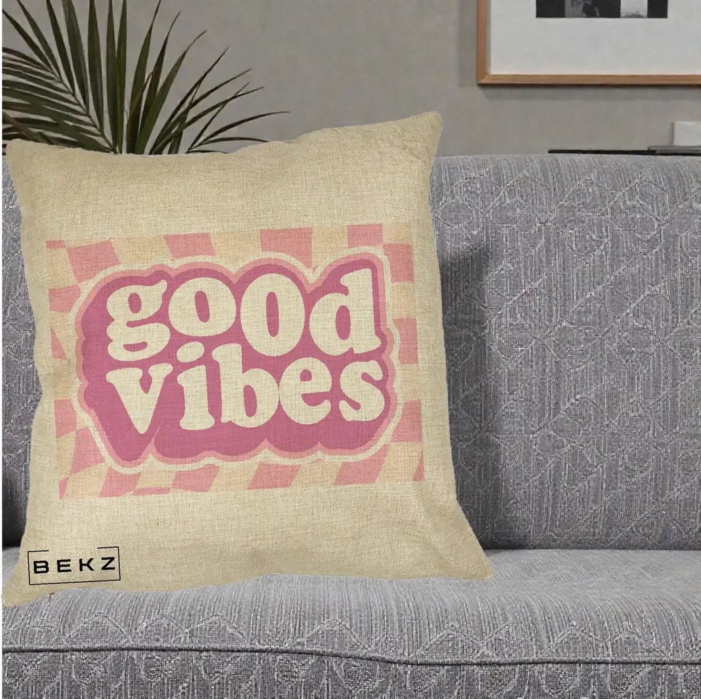 Perna Decorativa Good Vibes Retro Roz, 40x40 cm, Crem, Husa Detasabila, Perna Inclusa, BEKZ®