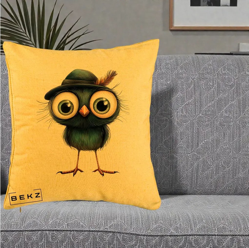 Perna Decorativa Pui Misterios cu Palarie Neagra, 40x40 cm, Galben, Husa Detasabila, Perna Inclusa, BEKZ®