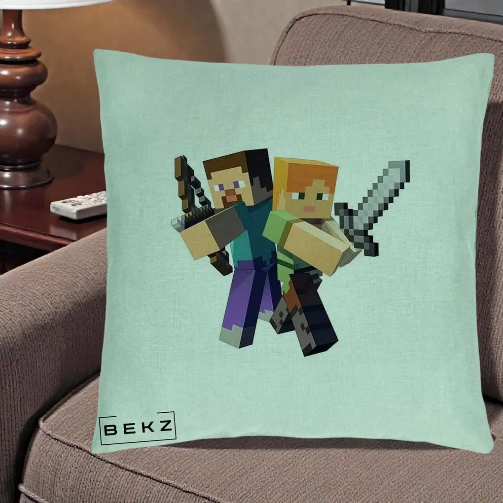 Perna Personalizata Minecraft Steve si Alex, 40x40 cm, Verde Menta, Husa Detasabila, Perna Inclusa, BEKZ®