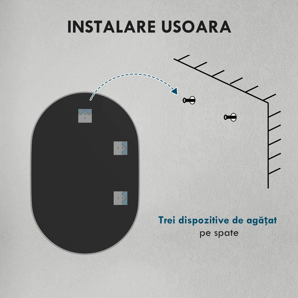 HOMCOM Oglindă Ovală pentru Baie, Oglindă Modernă de Perete cu Rama din Aluminiu și Montaj Vertical sau Orizontal, 60x90 cm, Argintiu | Aosom Romania