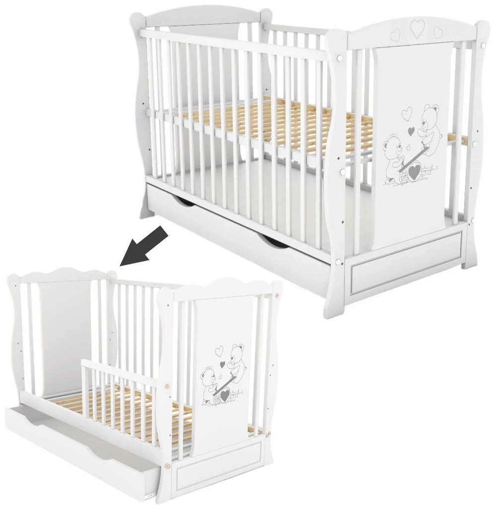 Patut din lemn masiv 2 in 1 Maya alb cu sertar, include bariera