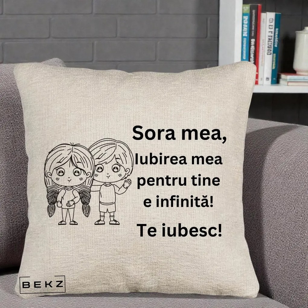Cadou pentru Sora - Perna Personalizata Sora Mea Te Iubesc Copii Anime Line Art, 40x40 cm, Bej Canapea, Husa Detasabila, Perna Inclusa, BEKZ®