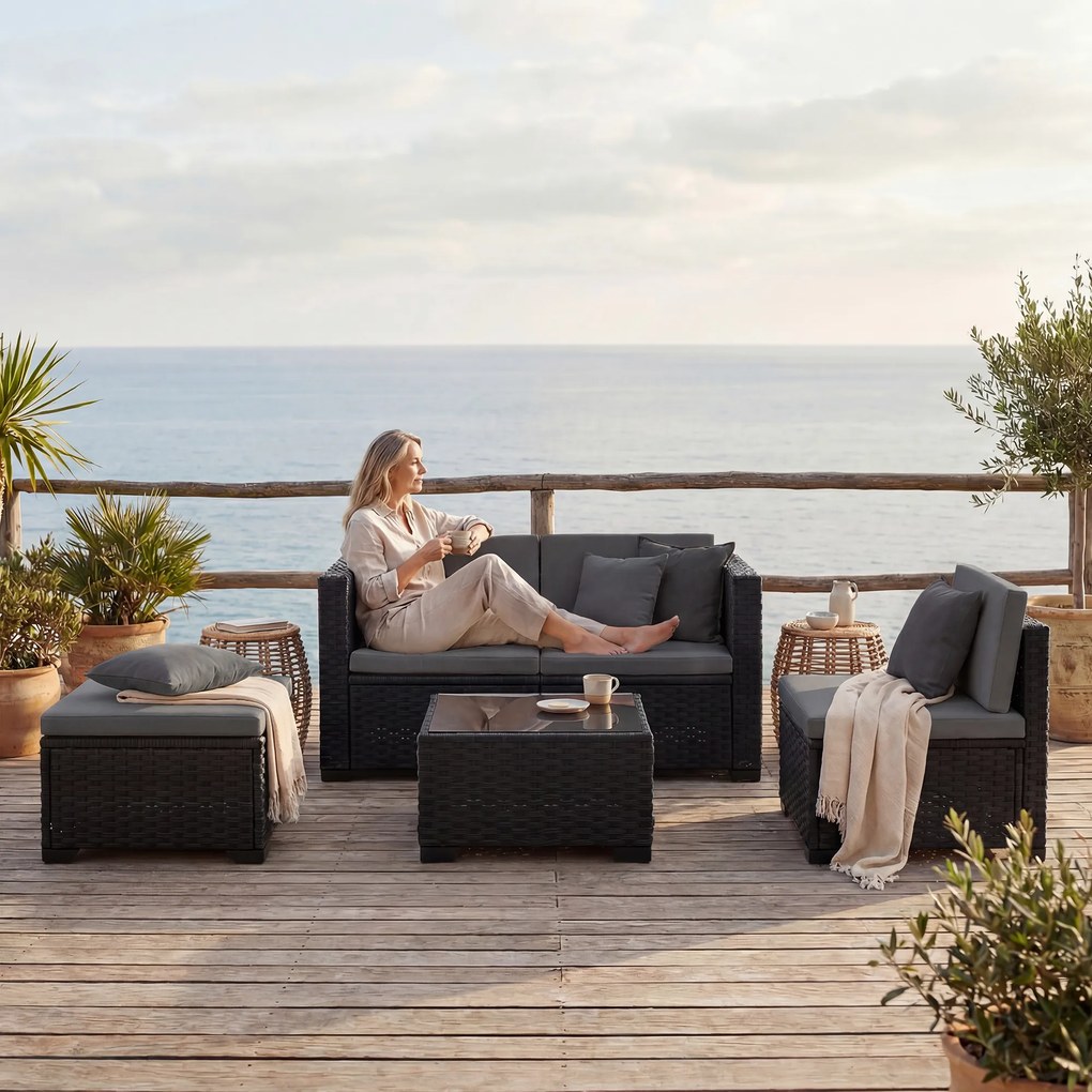Outsunny Set Modular de Grădină din Rattan cu Perne, Canapea de Colț Gri, 5 Piese | Aosom Romania