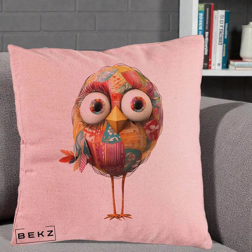 Perna Decorativa Pasare Patchwork cu Gene Lungi, 40x40 cm, Roz, Husa Detasabila, Perna Inclusa, BEKZ®
