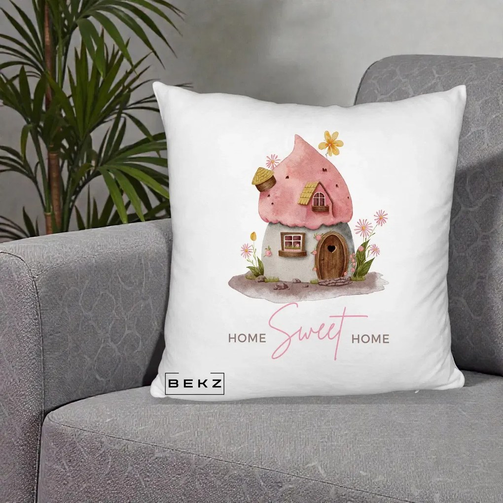 Perna Decorativa Home Sweet Home Casuta, 40x40 cm, Alb Pufos, Husa Detasabila, Perna Inclusa, BEKZ®