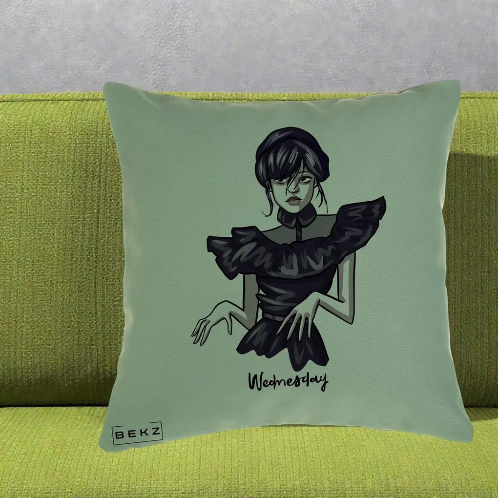 Perna Personalizata Wednesday Addams Dans Gotic, 40x40 cm, Verde, Husa Detasabila, Perna Inclusa, BEKZ®