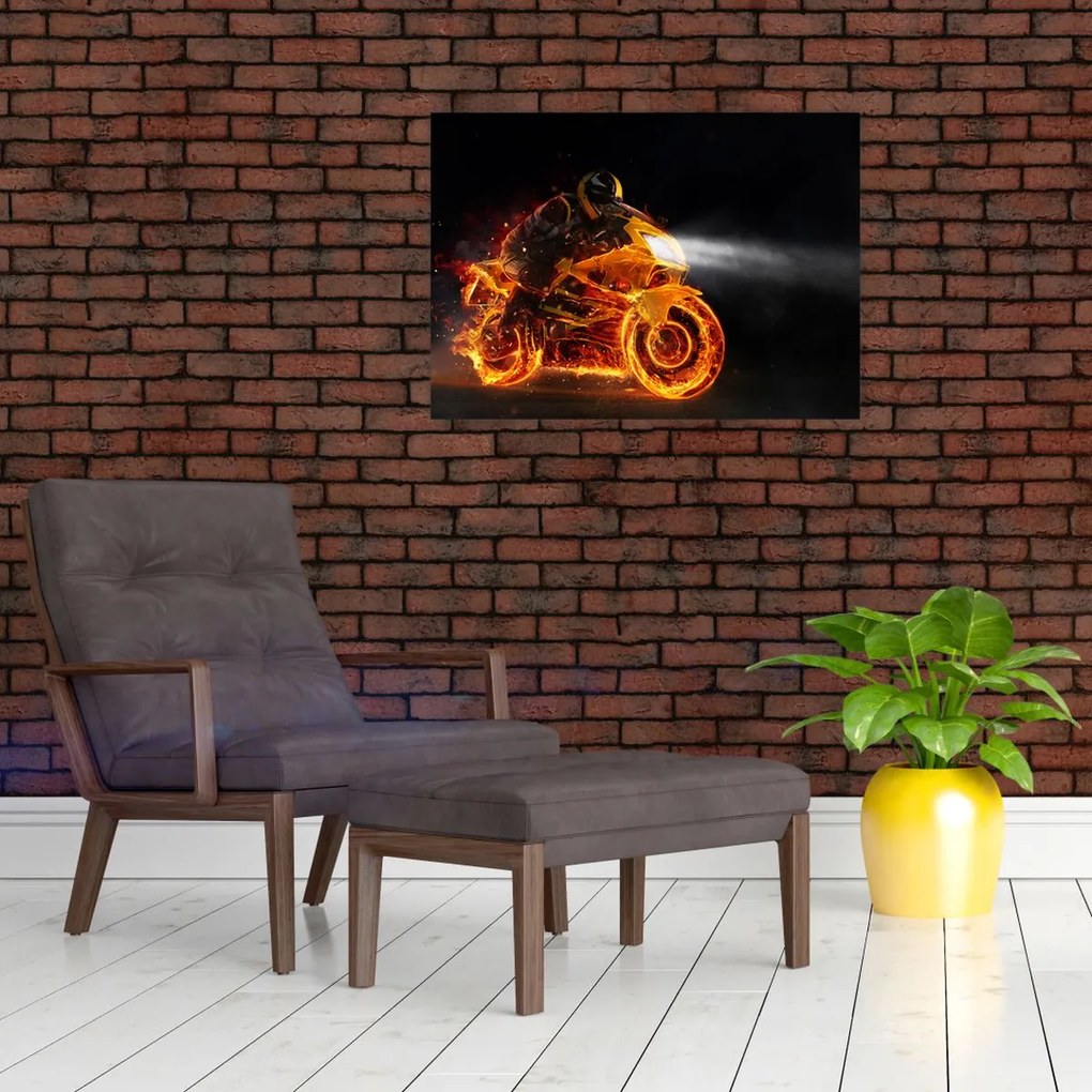 Tablou pe sticlă - Motociclist cu flăcări (70x50 cm)