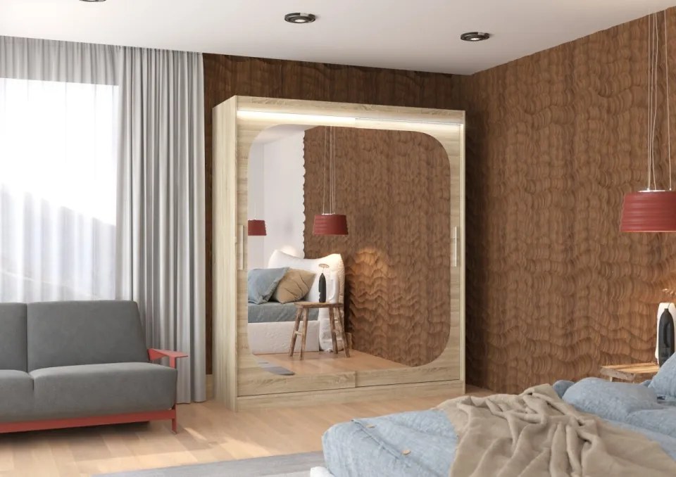 Dulap cu usi glisante si oglinda + iluminare LED, Arizona 180 + LED, 180 cmx200 cmx58 cm, ADRK Furniture (Culoare: Alb)