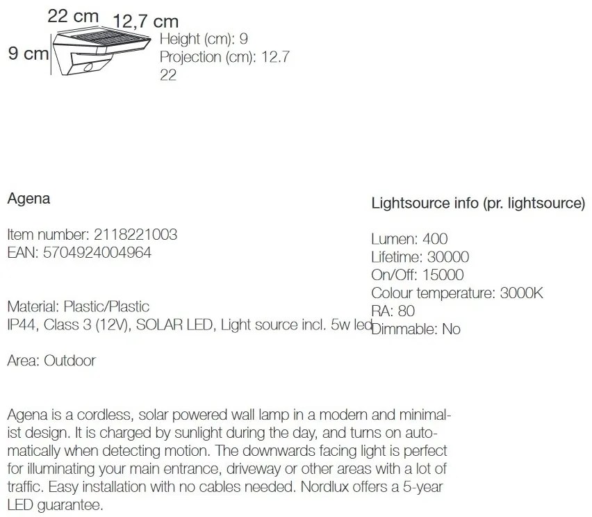 Lampa LED de perete solara cu senzor pentru iluminat exterior, stil modern IP44 Agena 2118221003 NL