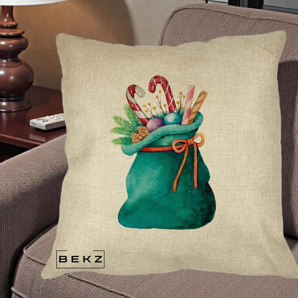 Perna Decorativa Saculet Cadouri Mos Craciun Acuarela Verde, 40x40 cm, Crem, Husa Detasabila, Perna Inclusa, BEKZ®