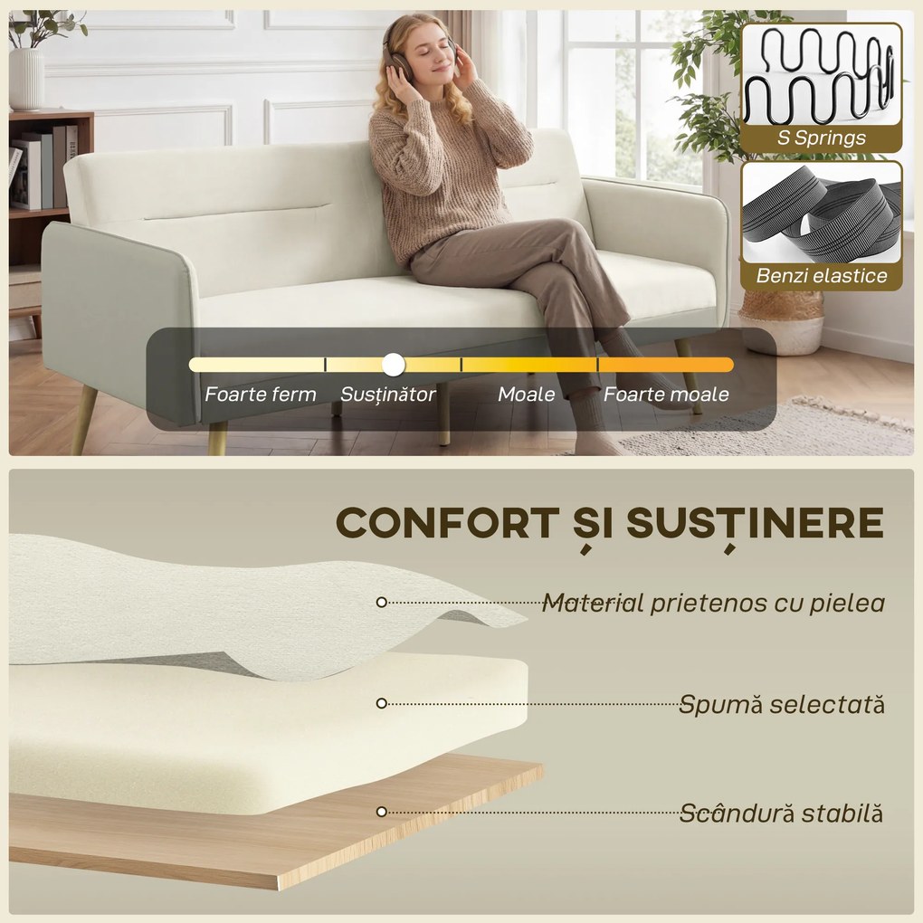HOMCOM Canapea Extensibilă 3 Locuri Convertibilă cu Cotiere din PU, Colțar Reclinabil Clic Clac în Catifea cu Picioare Metalice și Cadru din Lemn, pentru Living sau Dormitor, 185x84x83 cm, Bej | Aosom Romania