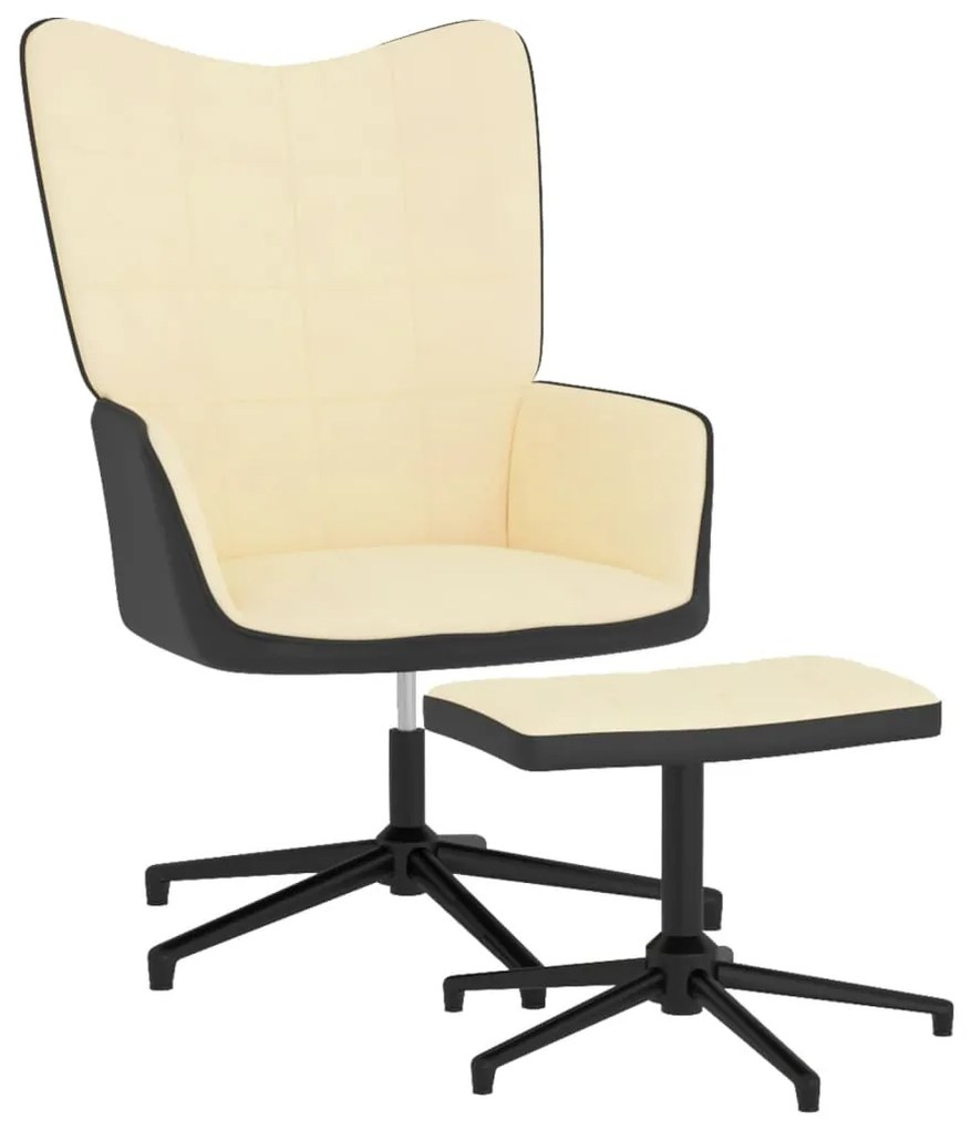 Scaun de relaxare cu taburet, alb crem, catifea și pvc