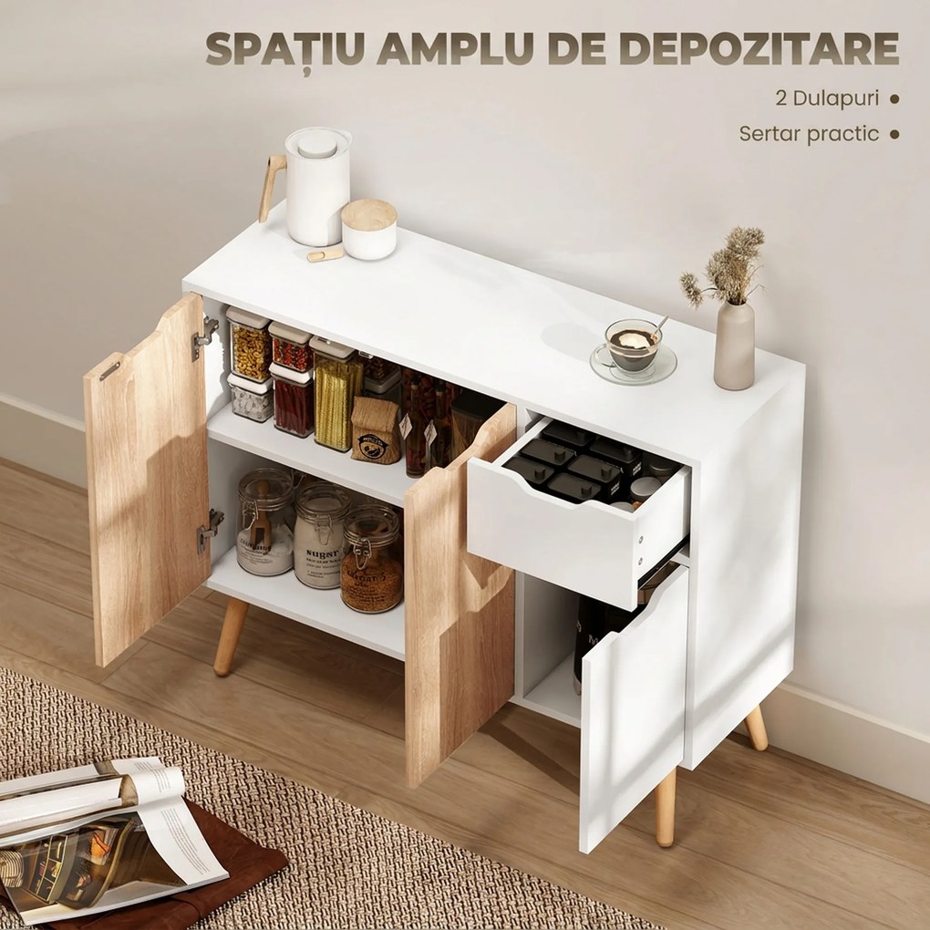 HOMCOM Dulap Multifuncțional cu Sertar și Uși, Stil Nordic, pentru Dormitor sau Living, Alb și Culoare Lemn | Aosom Romania