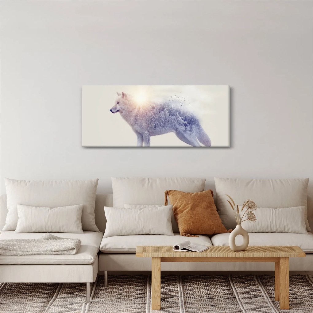 Tablou - Lupul arctic oglindit în peisaj sălbatic (120x50 cm)