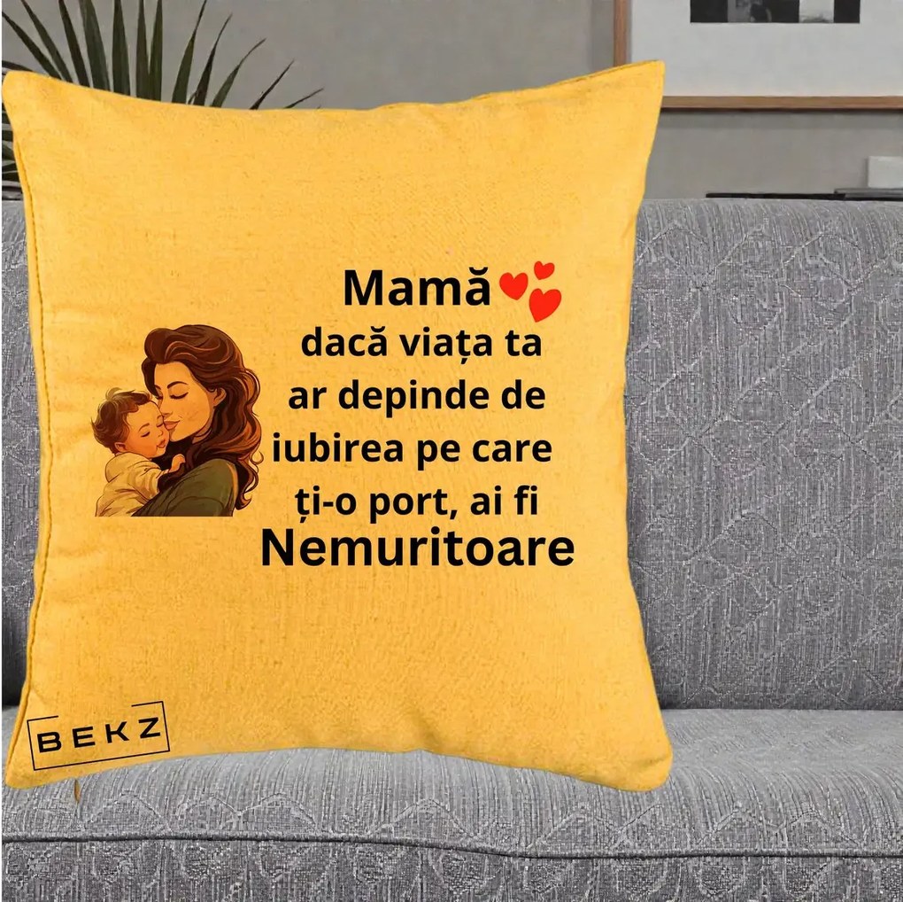 Cadou pentru Mama - Perna Personalizata Mama Nemuritoare cu Bebelus Lineart, 40x40 cm, Galben, Husa Detasabila, Perna Inclusa, BEKZ®