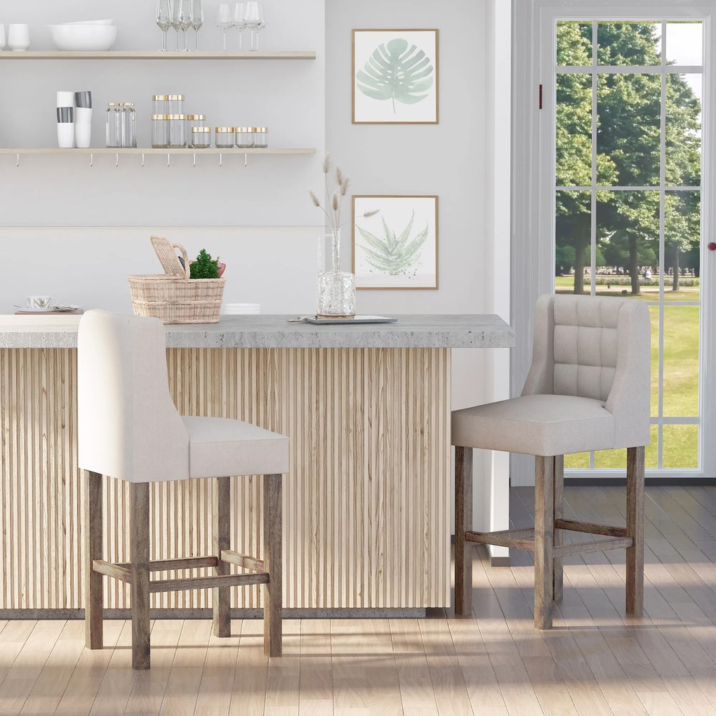 HOMCOM 2 Scaune de Bar Set cu Butoni, Lemn Masiv, incl. Suport pentru Picioare, 47 cm x 50 cm x 101 cm, Gri + Natur | Aosom Romania