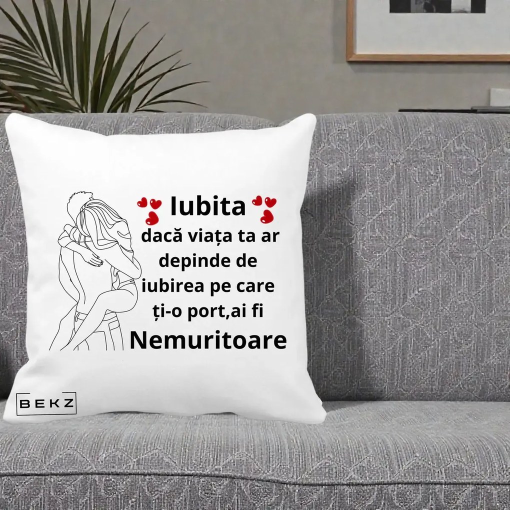 Cadou pentru Iubita - Perna Personalizata Iubita Nemuritoare cu Cuplu Line-Art si Inimi Rosii, 40x40 cm, Alba Mata, Husa Detasabila, Perna Inclusa, BEKZ®