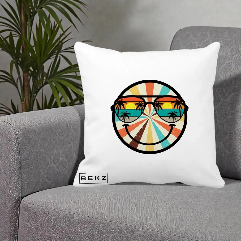 Perna Decorativa Smiley Face Retro Sunset Palmieri, 40x40 cm, Alba Mata, Husa Detasabila, Perna Inclusa, BEKZ®