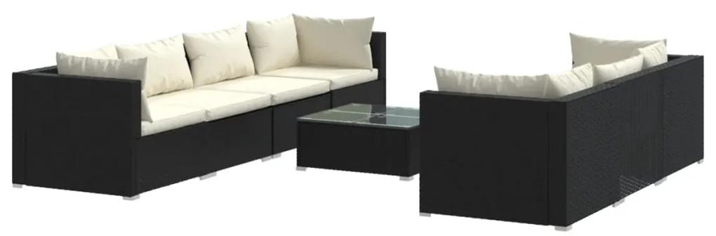 Set mobilier de gradina cu perne, 8 piese, negru, poliratan negru si crem, 4x colt + 3x mijloc + masa, 1