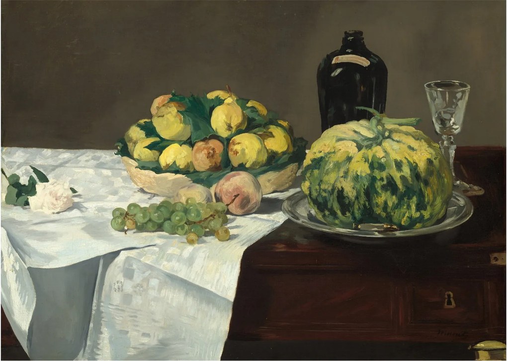 Tablou pe sticlă - Edouard Manet, Still Life with Melon and Peaches, reproducere (70x50 cm)
