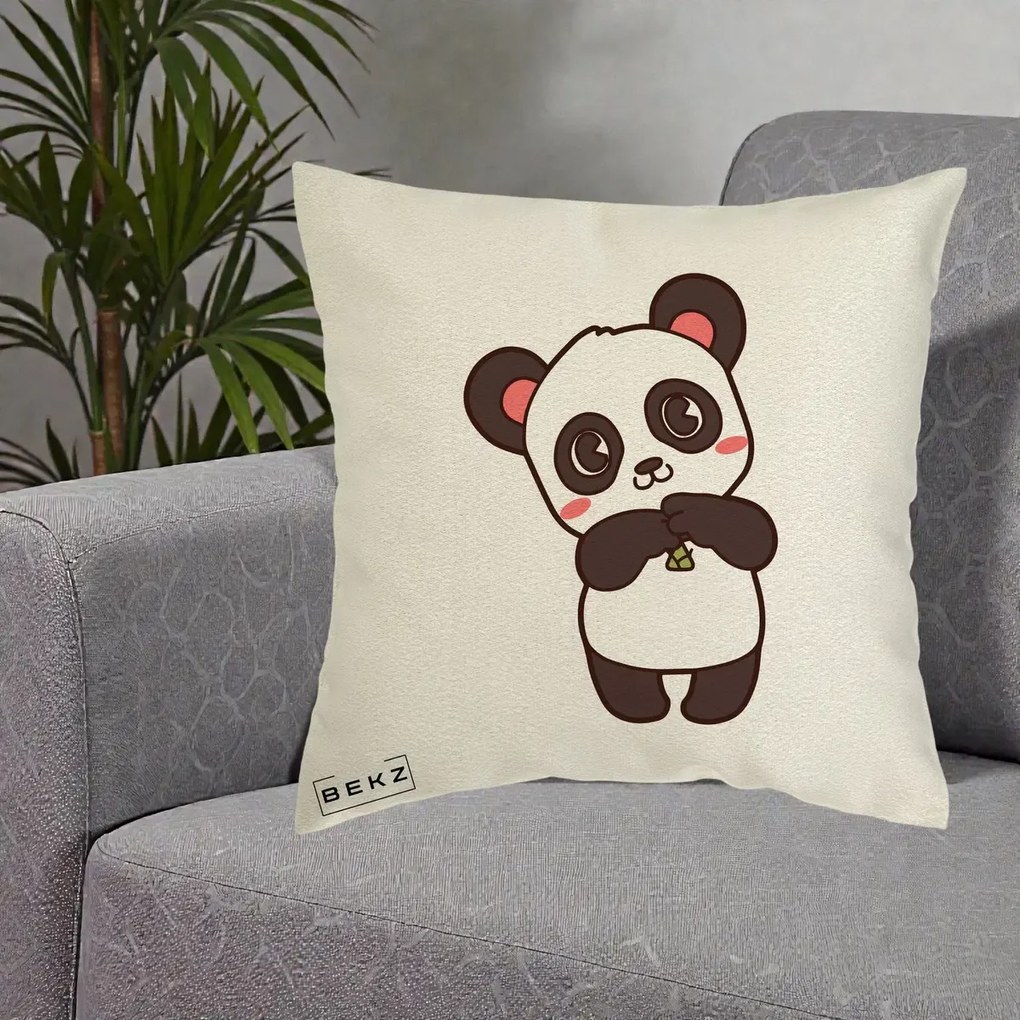 Perna Personalizata Panda Kawaii cu Bambus, 40x40 cm, Ecru, Husa Detasabila, Perna Inclusa, BEKZ®