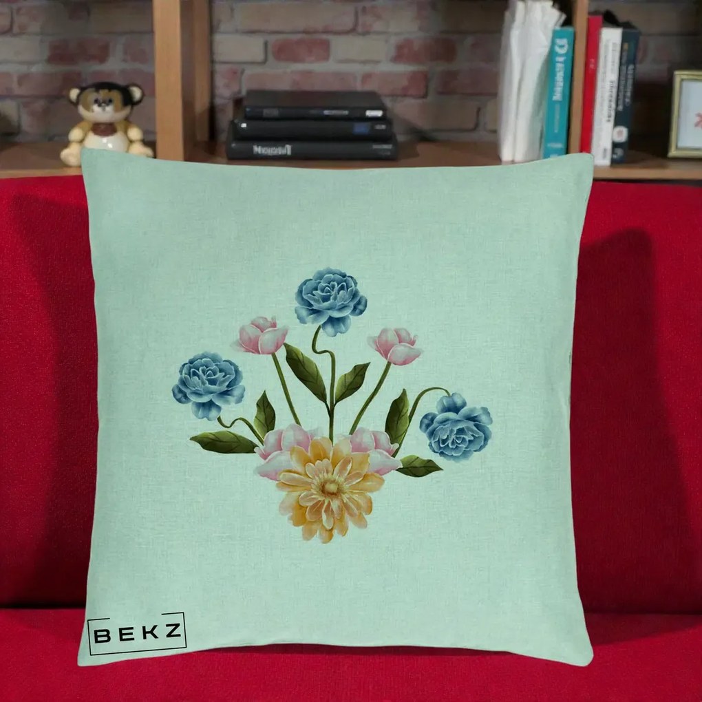 Perna Decorativa Buchet Primavara Acuarela, 40x40 cm, Verde Menta, Husa Detasabila, Perna Inclusa, BEKZ®