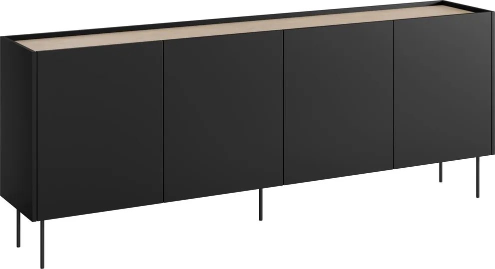 Comodă Desin 220 cm cu patru uși - negru mat / stejar Nagano