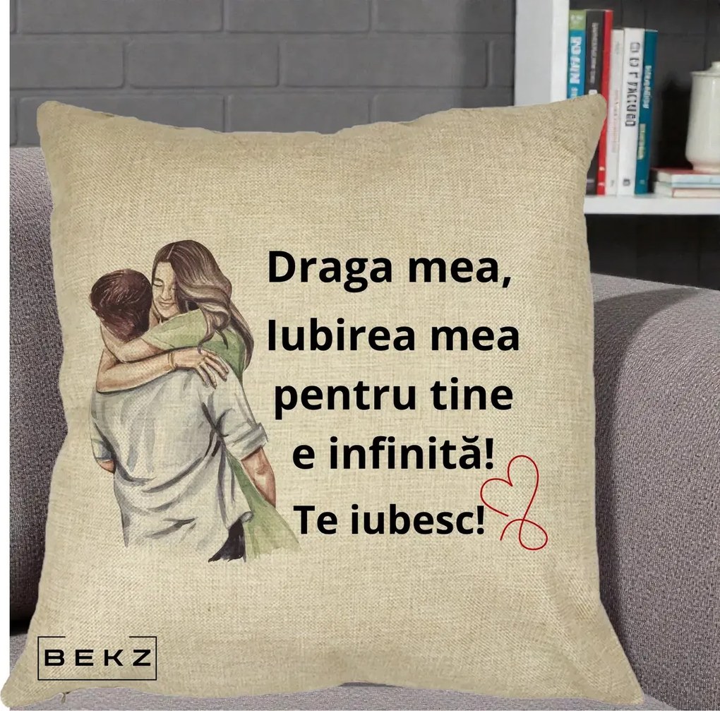 Cadou pentru Iubita - Perna Personalizata Draga Mea Iubirea Mea Infinita Te Iubesc cu Cuplu Acuarela, 40x40 cm, Crem, Husa Detasabila, Perna Inclusa, BEKZ®