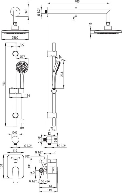 🚿 Set de duș încastrat TUBO , cu cap de duș și duș de mână multifuncțional, finisaj cromat – Cod NAC_09GA