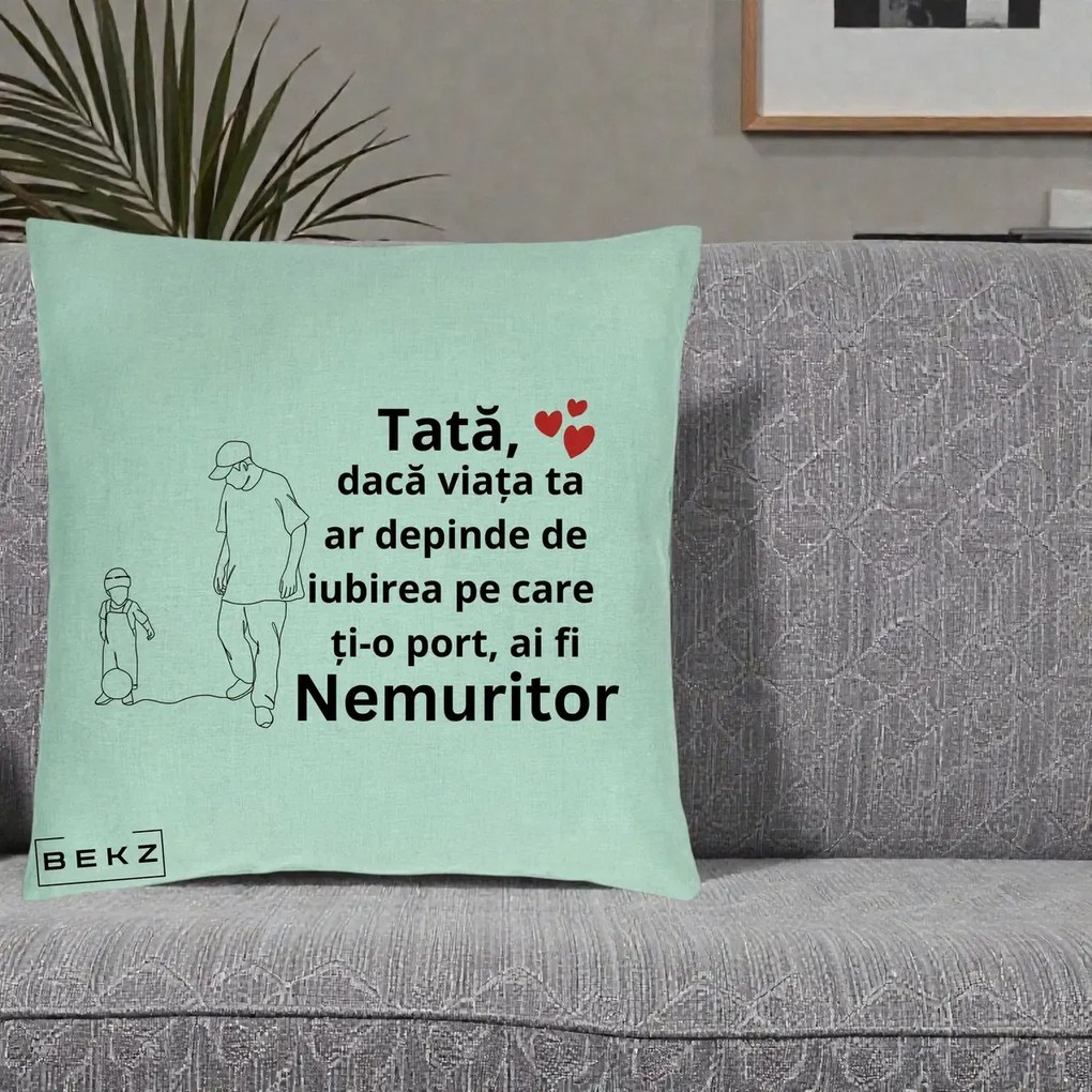 Cadou pentru Tata - Perna Personalizata Tata Nemuritor Joaca cu Mingea, 40x40 cm, Verde Menta, Husa Detasabila, Perna Inclusa, BEKZ®