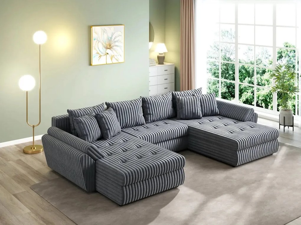 Colțar extensibil dumonde cu ladă de depozitare si sezut confortabil din spuma high-density, Loana U Ambience Grey 355x185 cm