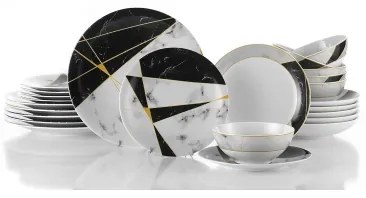 Set de masă, 24 piese, porțelan, negru/alb/auriu