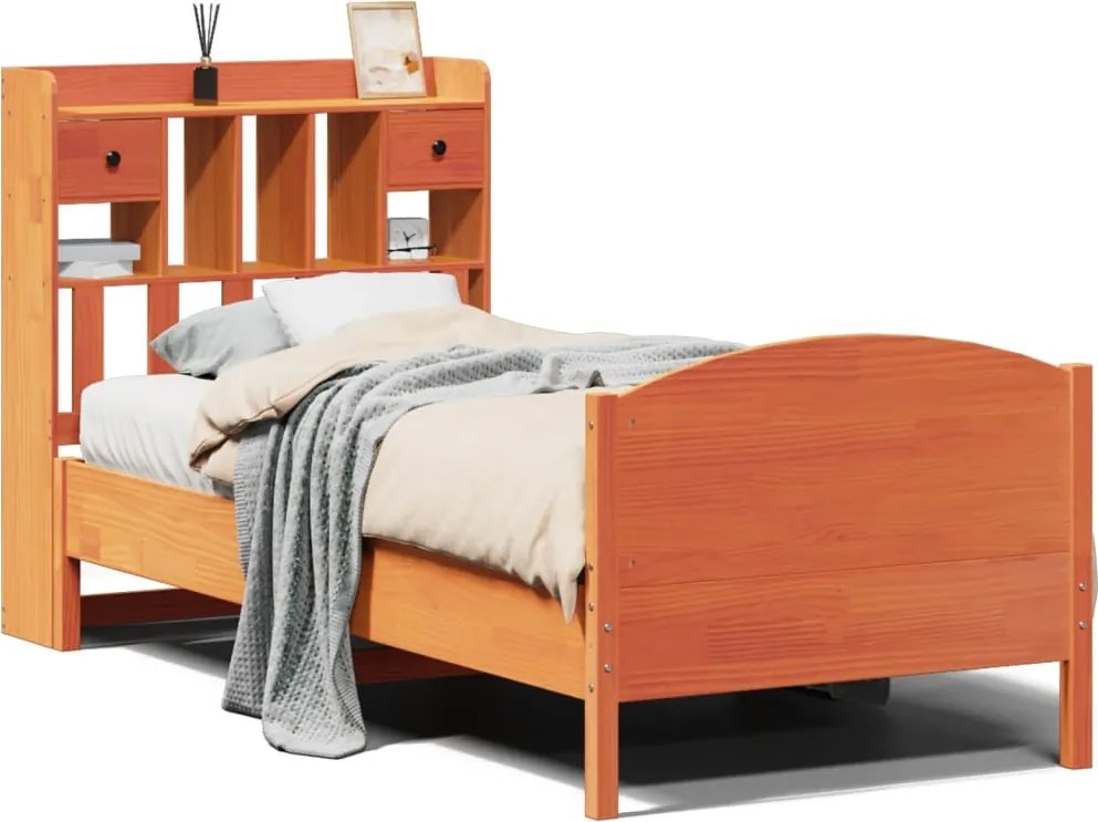 vidaXL Pat cu bibliotecă fără saltea, maro, 100x200 cm, lemn masiv pin